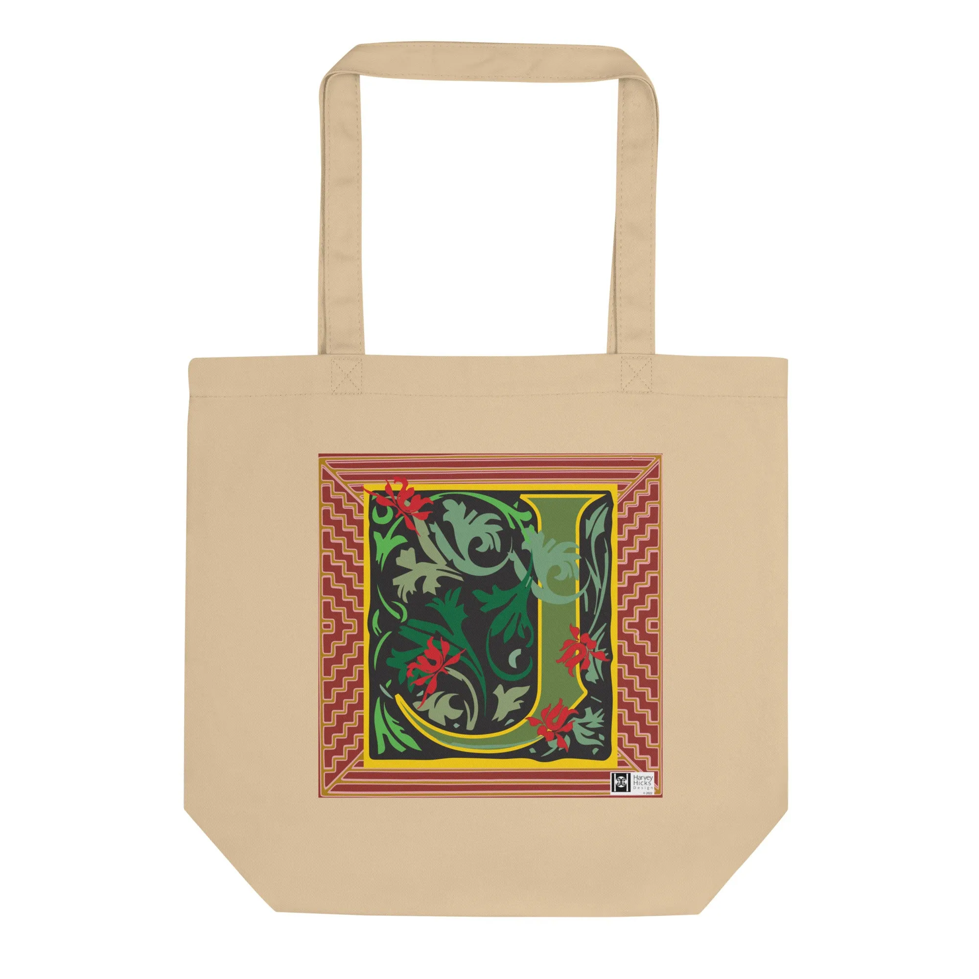 100% Organic Cotton Eco-Tote Featuring Decorative Lettering, “J”
