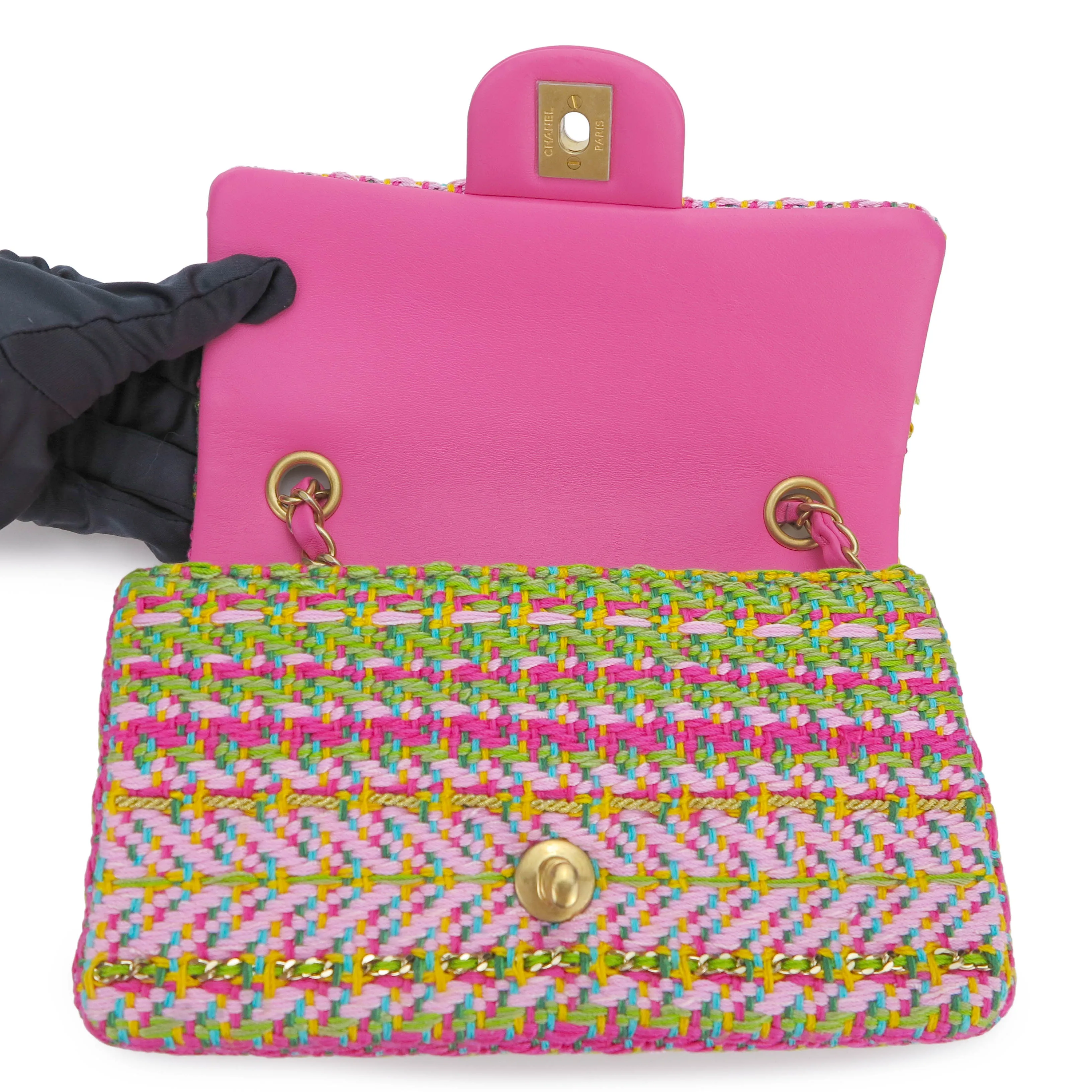 21C Pink Green Chain Tweed Mini Rectangular Flap Bag