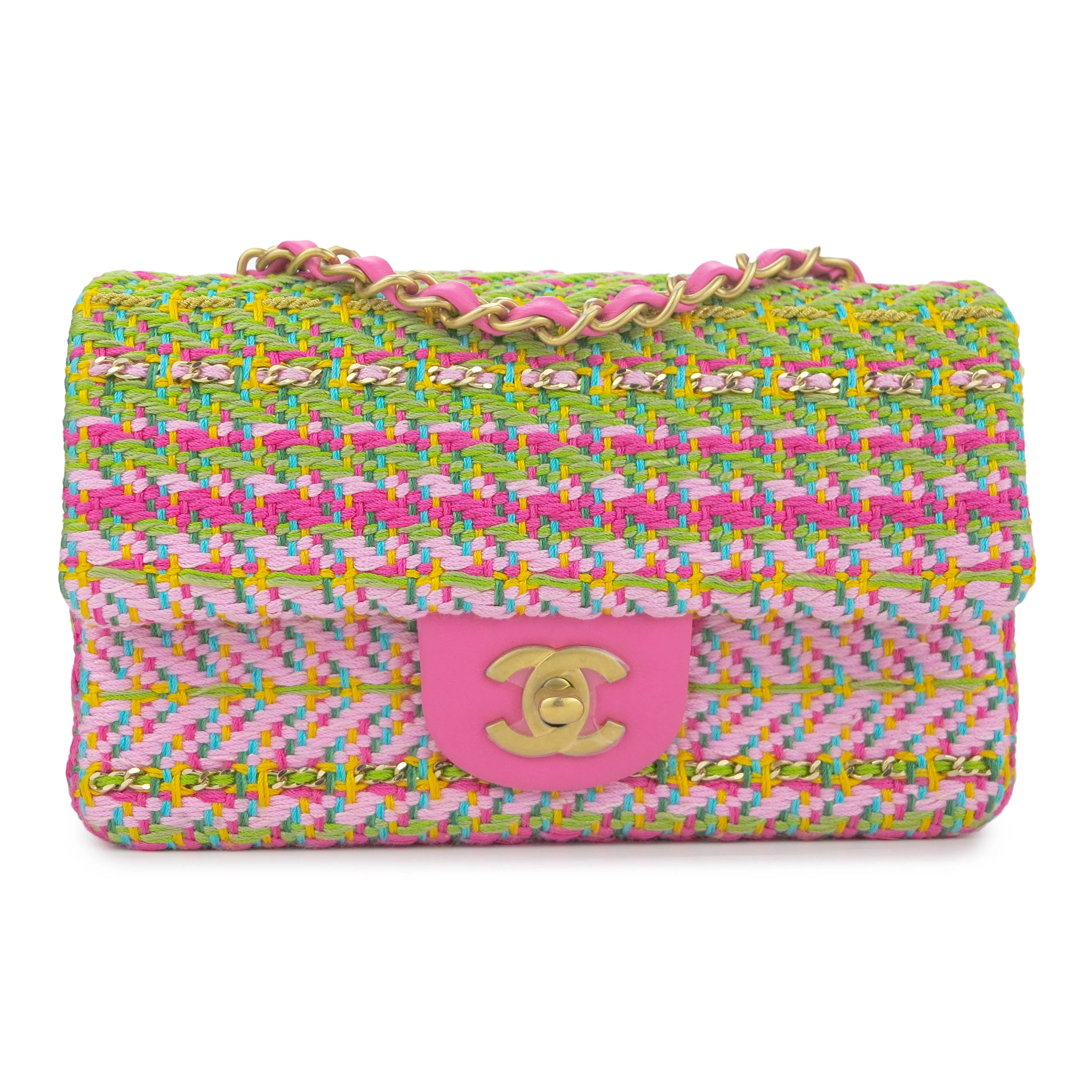 21C Pink Green Chain Tweed Mini Rectangular Flap Bag