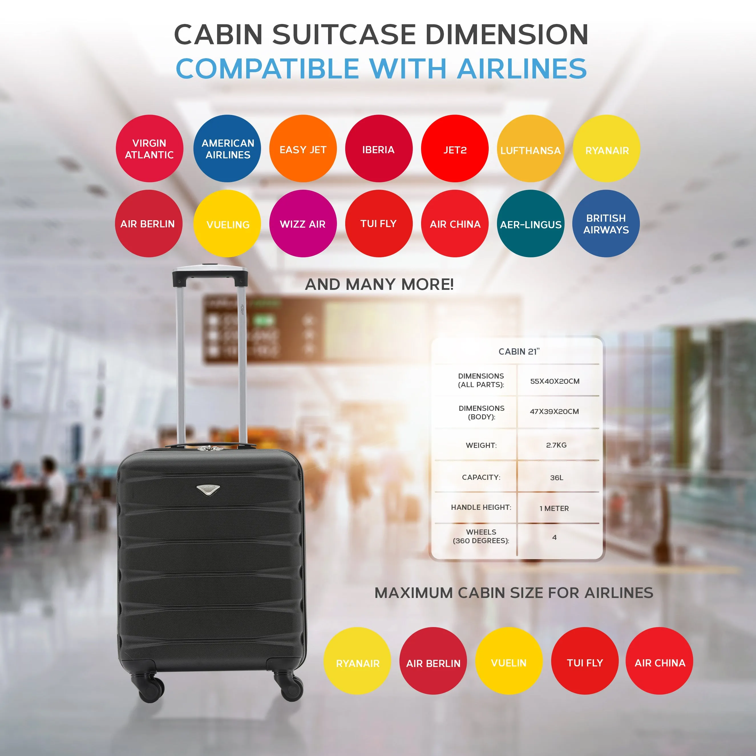 55x40x20cm Maximum Size Ryanair Priority Lightweight 4 Wheel Hard Case Suitcase