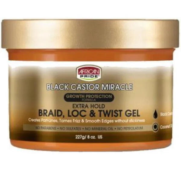 African Pride | Black Castor Miracle | Extra Hold Braid, Loc & Twist Gel (8oz)