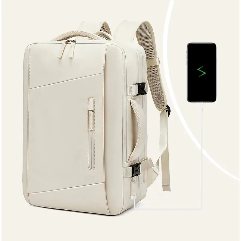 ANYPACK Backpack Beige Waterproof With USB Charging Port Expandable Multi Compartment Anti Theft Travel Bag