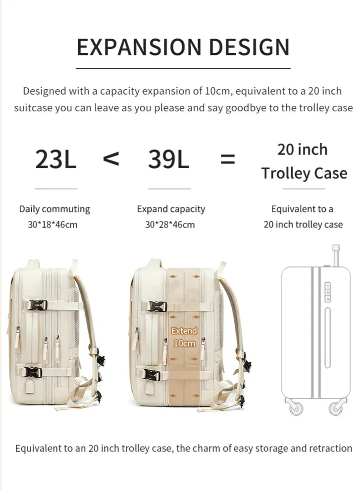 ANYPACK Backpack Beige Waterproof With USB Charging Port Expandable Multi Compartment Anti Theft Travel Bag