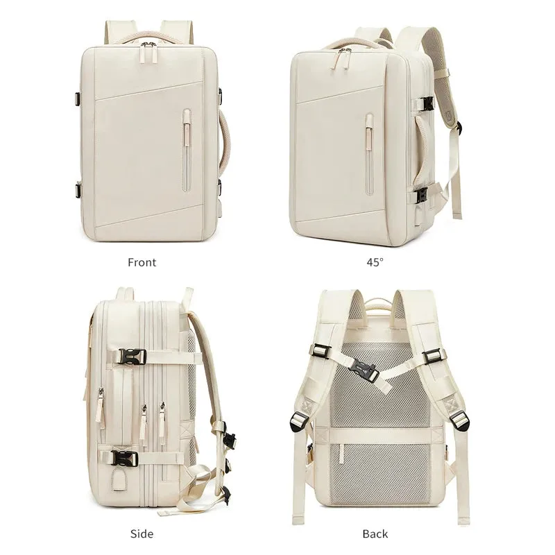 ANYPACK Backpack Beige Waterproof With USB Charging Port Expandable Multi Compartment Anti Theft Travel Bag