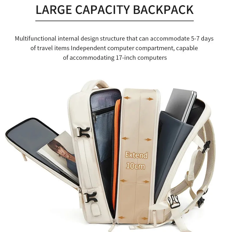 ANYPACK Backpack Beige Waterproof With USB Charging Port Expandable Multi Compartment Anti Theft Travel Bag