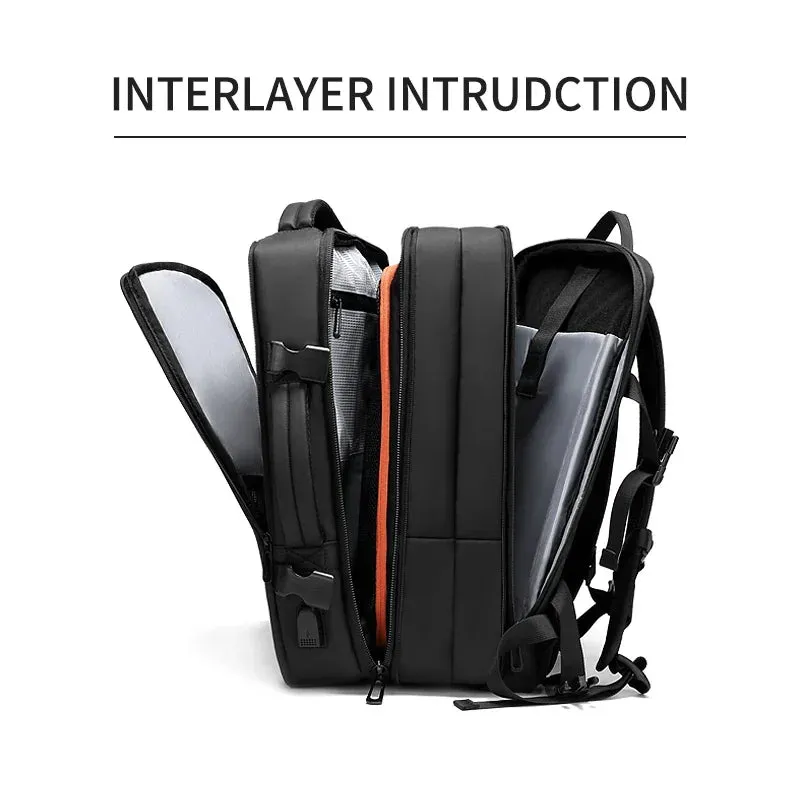 ANYPACK Backpack Black Waterproof With USB Port Expandable Multi Compartments Travel Bag