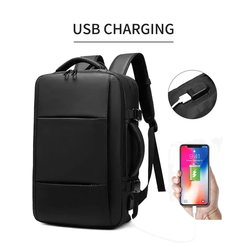 ANYPACK Backpack Black Waterproof With USB Port Expandable Multi Compartments Travel Bag