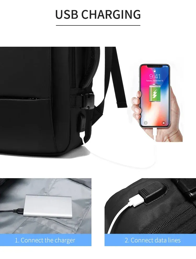 ANYPACK Backpack Black Waterproof With USB Port Expandable Multi Compartments Travel Bag