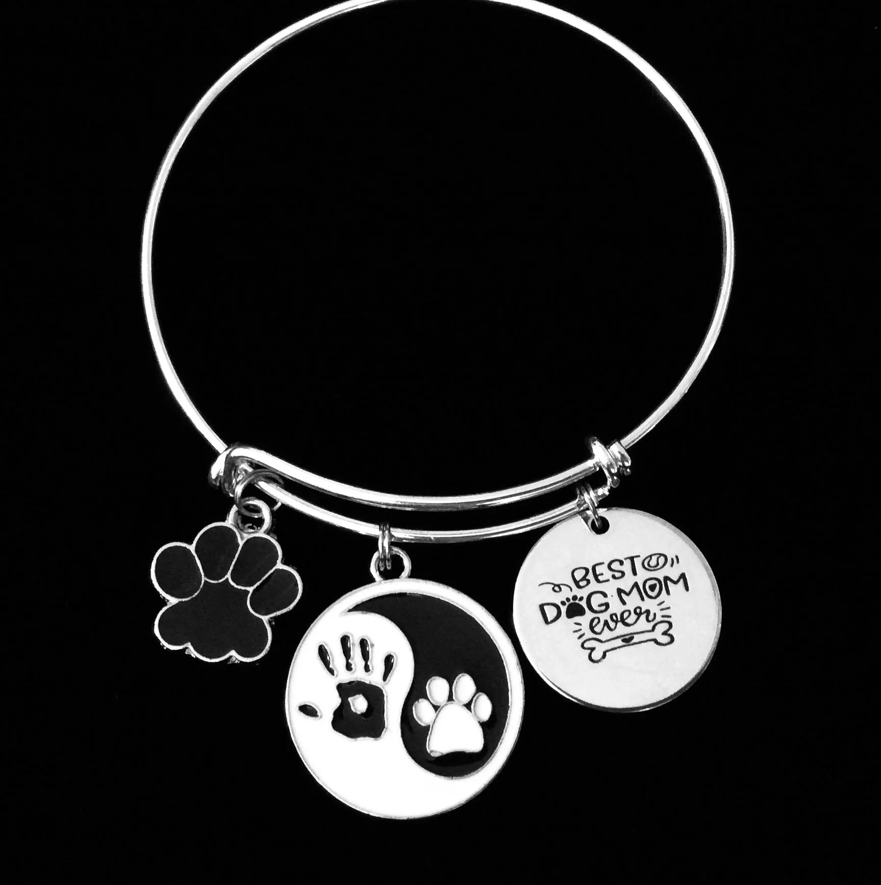 Best Dog Mom Ever Expandable Charm Bracelet Adjustable Silver Bangle One Size Fits All Gift Paw Print Yin Yang Symbol