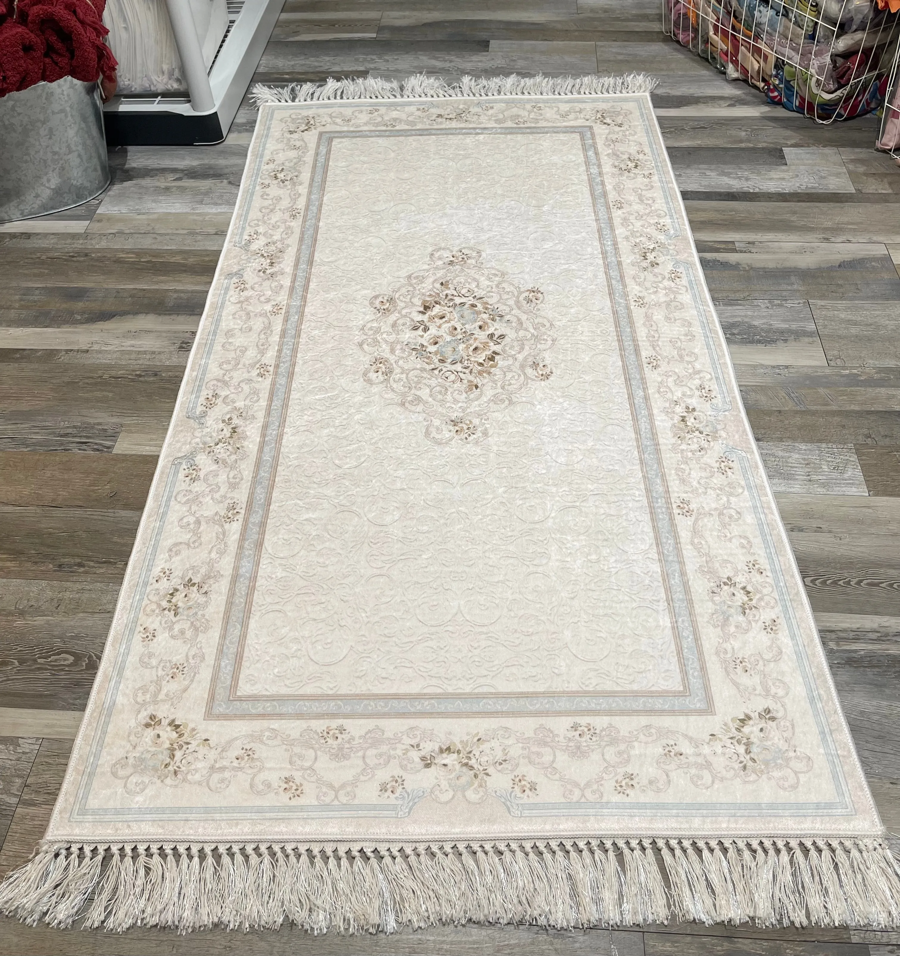 Blue Design Rectangle Lateks Water Resistant Washable Tassel Area Rug