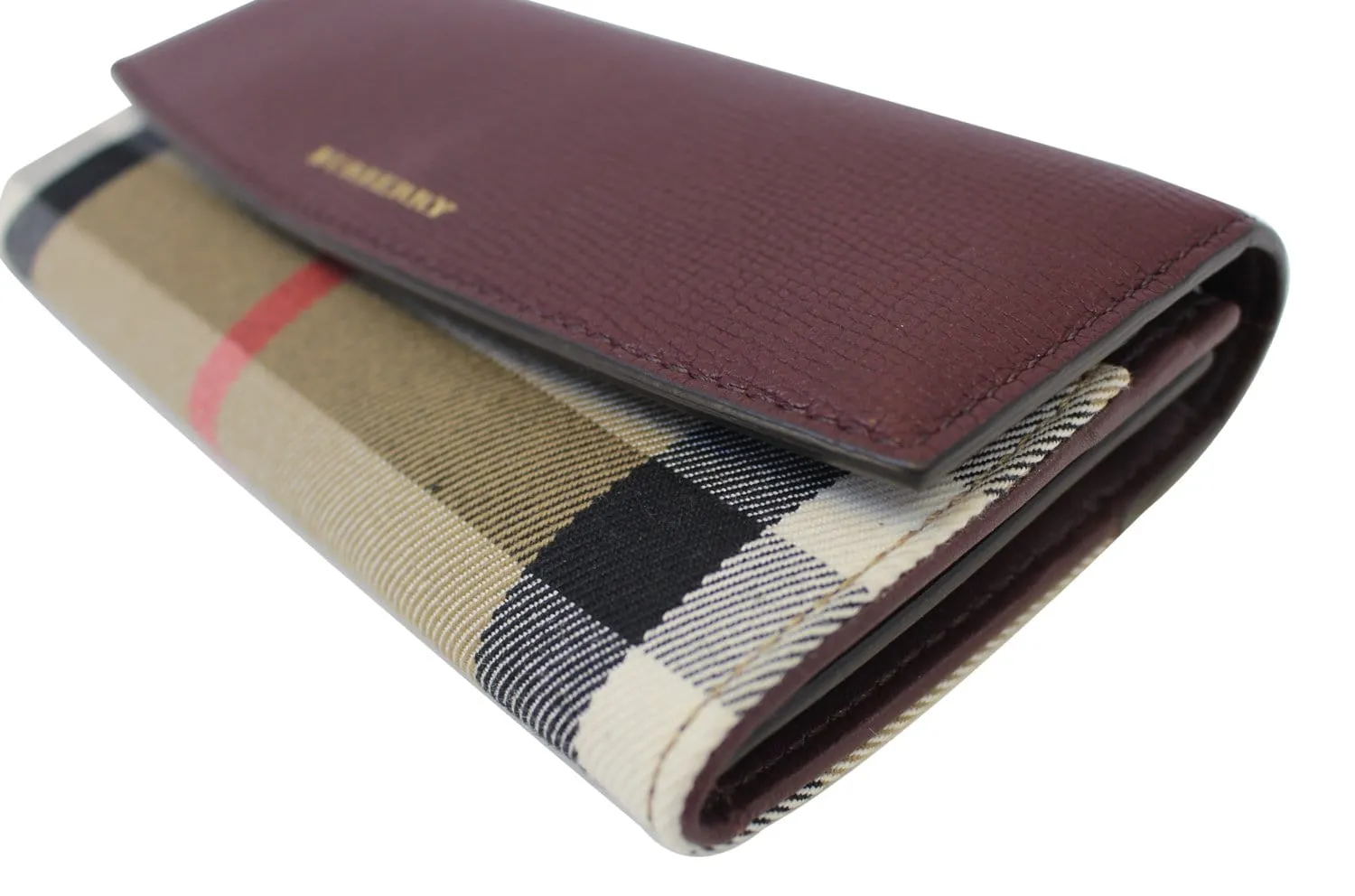 BURBERRY Wallet Check Leather Burgundy For Women
