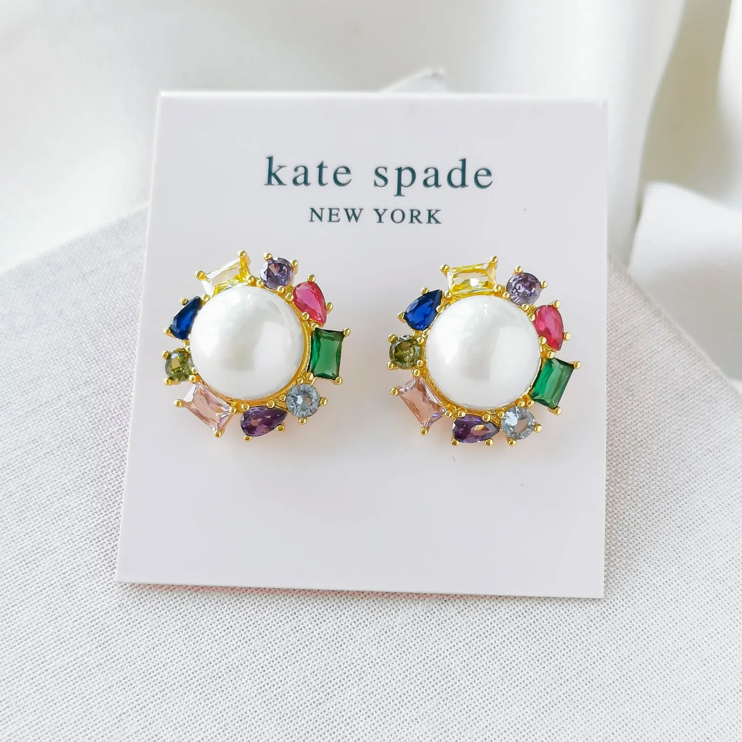 Candy Shop Pearl Multi Crystal Halo Gold Stud Earrings