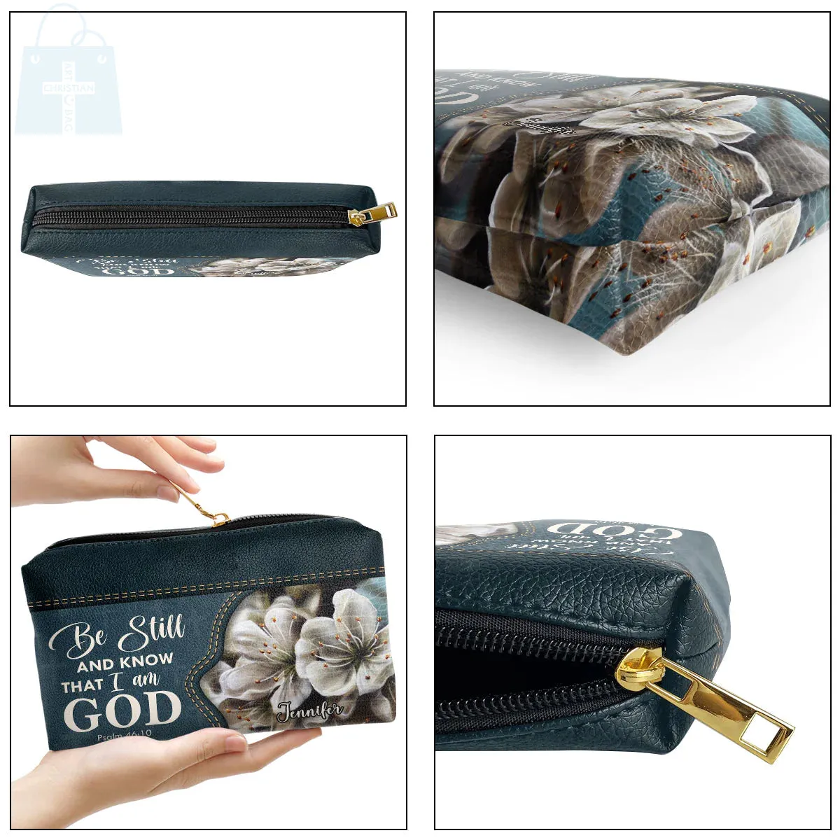 Christianartbag Makeup Cosmetic Bag, Be Still And Know That I Am God, Christmas Gift, Personalized Leather Cosmetic Bag.