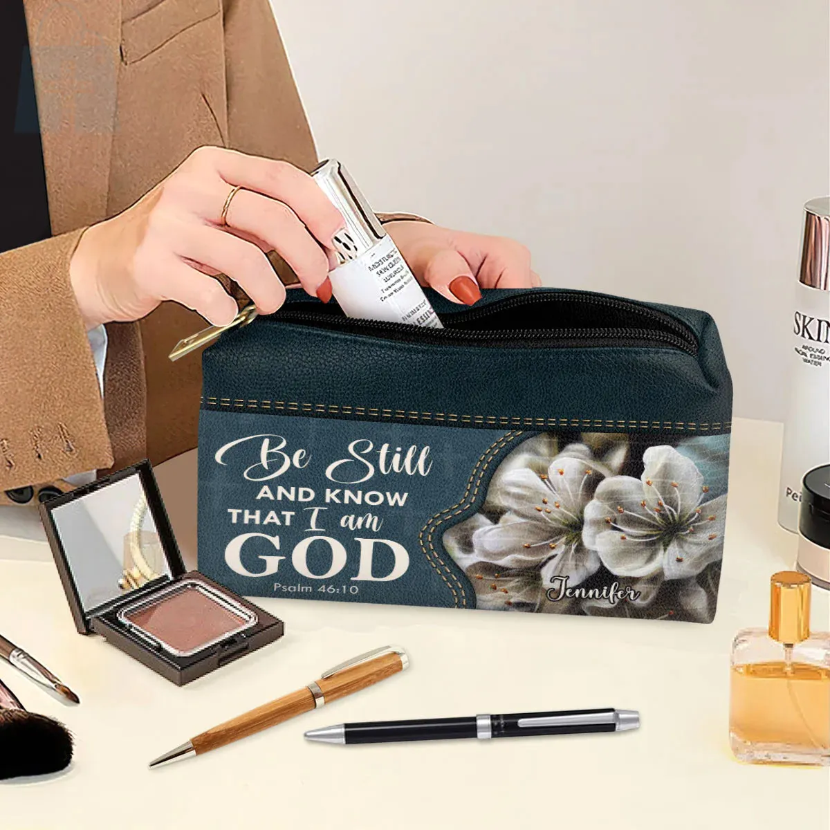 Christianartbag Makeup Cosmetic Bag, Be Still And Know That I Am God, Christmas Gift, Personalized Leather Cosmetic Bag.