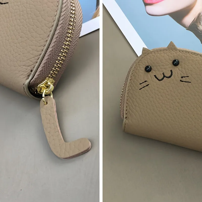 Compact & Chic Genuine Leather Cat-Design Wallet - Secure Zipper, Polyester Lined Coin Purse, and Sleek Card Holder