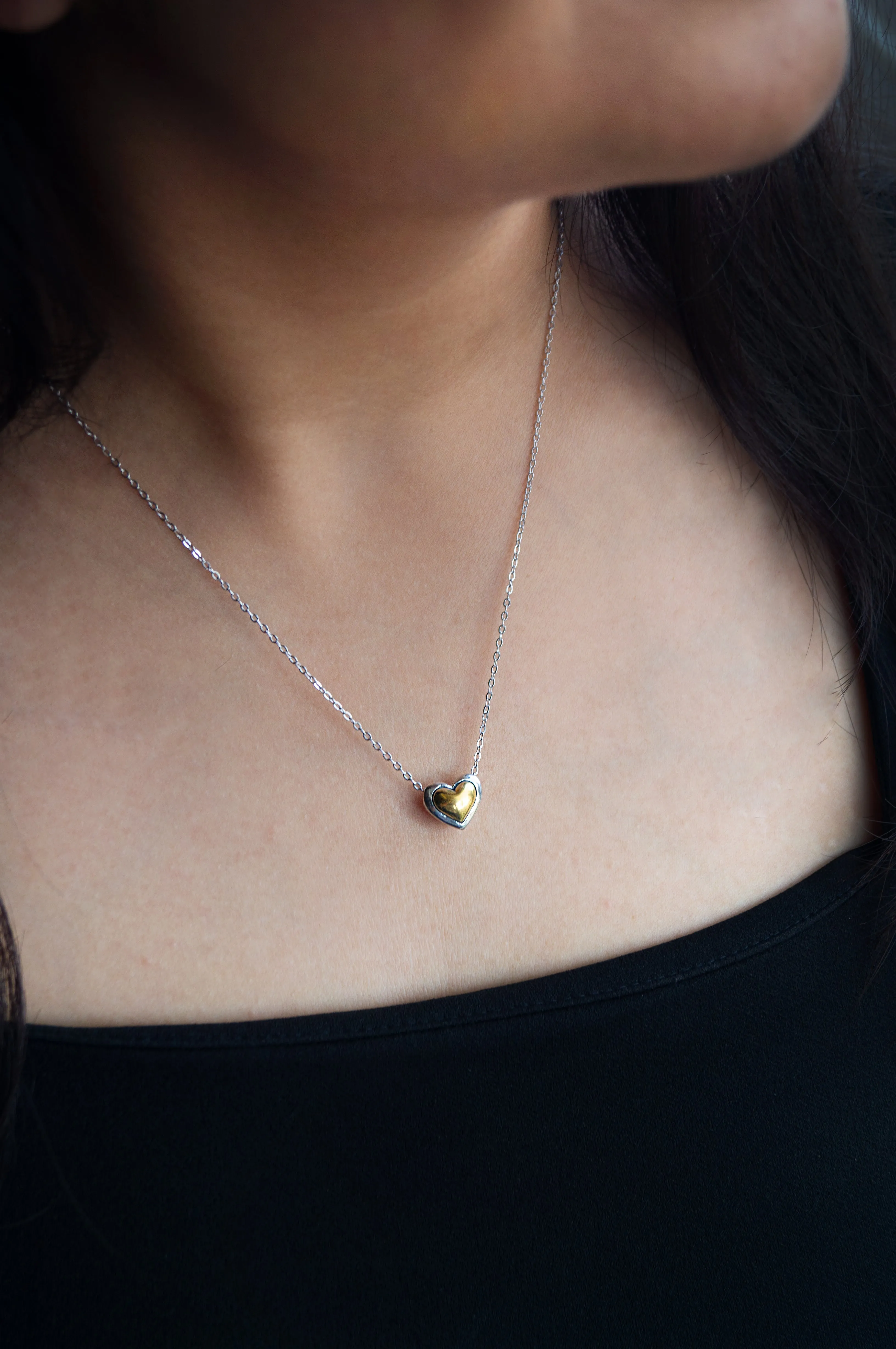 Dual Tone Heart Sterling Silver Pendant Chain Necklace