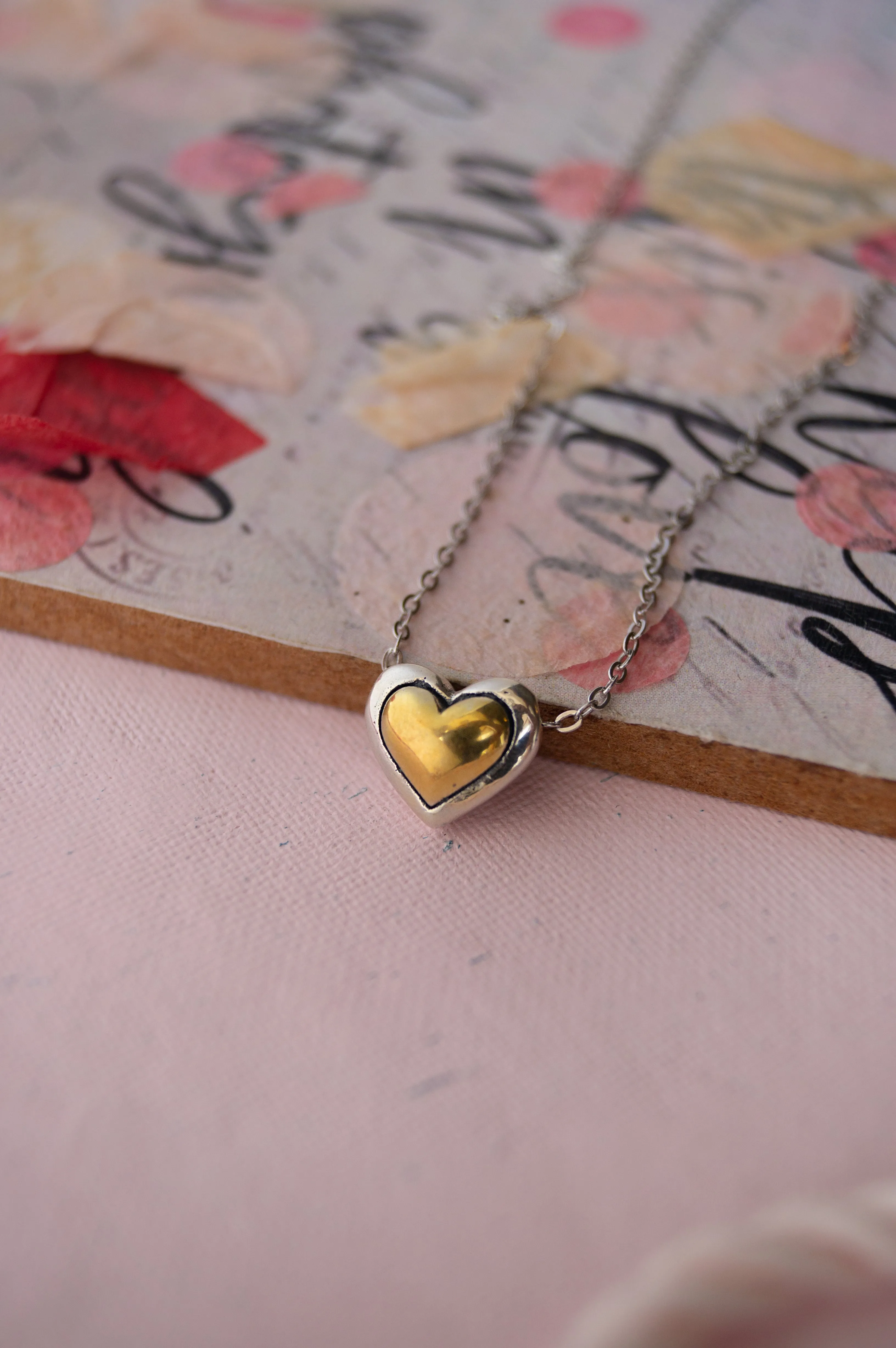 Dual Tone Heart Sterling Silver Pendant Chain Necklace