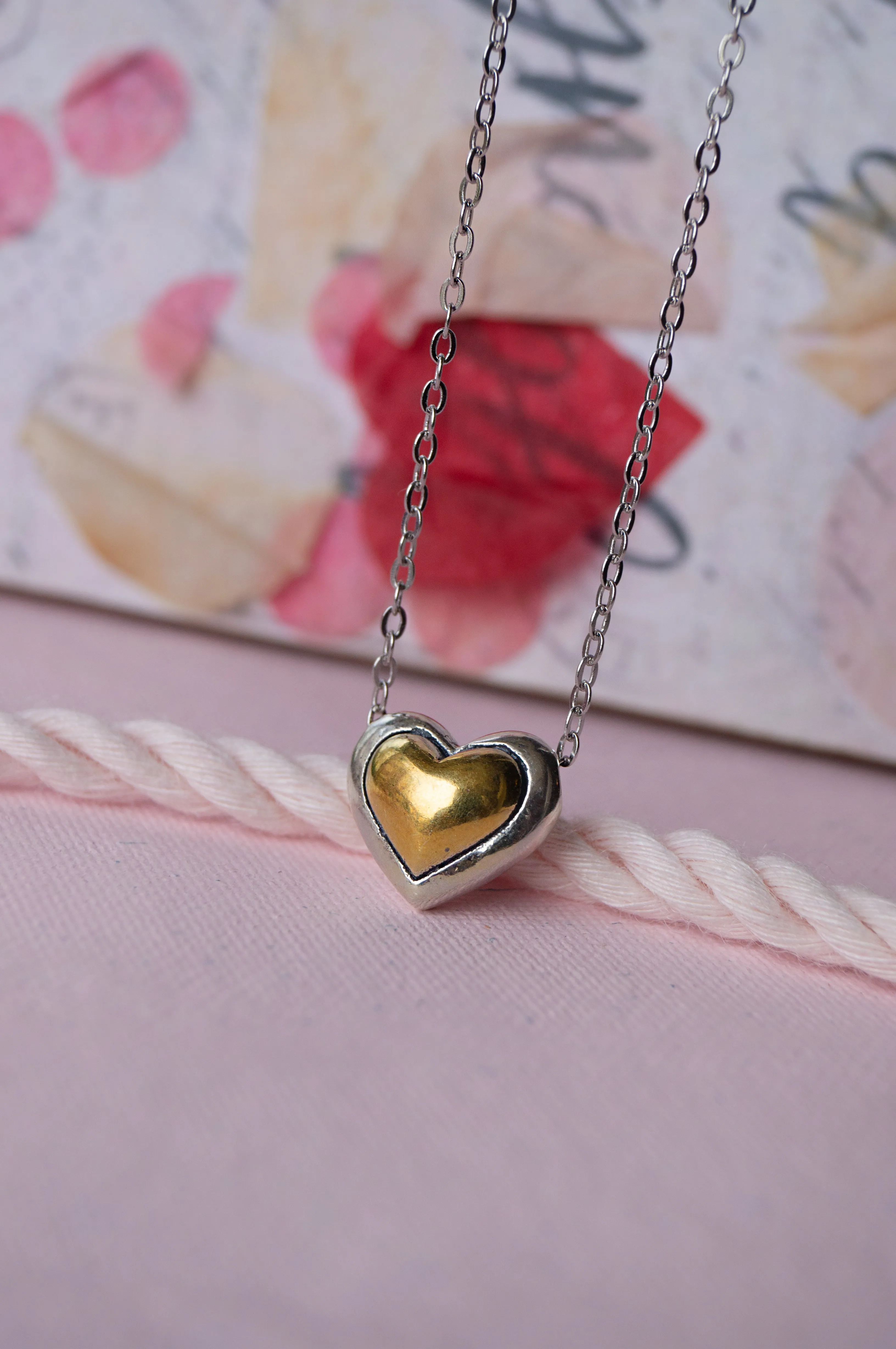 Dual Tone Heart Sterling Silver Pendant Chain Necklace