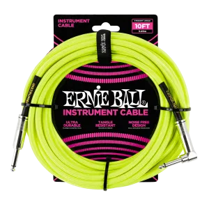 Ernie Ball 10ft / 3m Neon Yellow Braided Right Angle - Straight Jack Cable