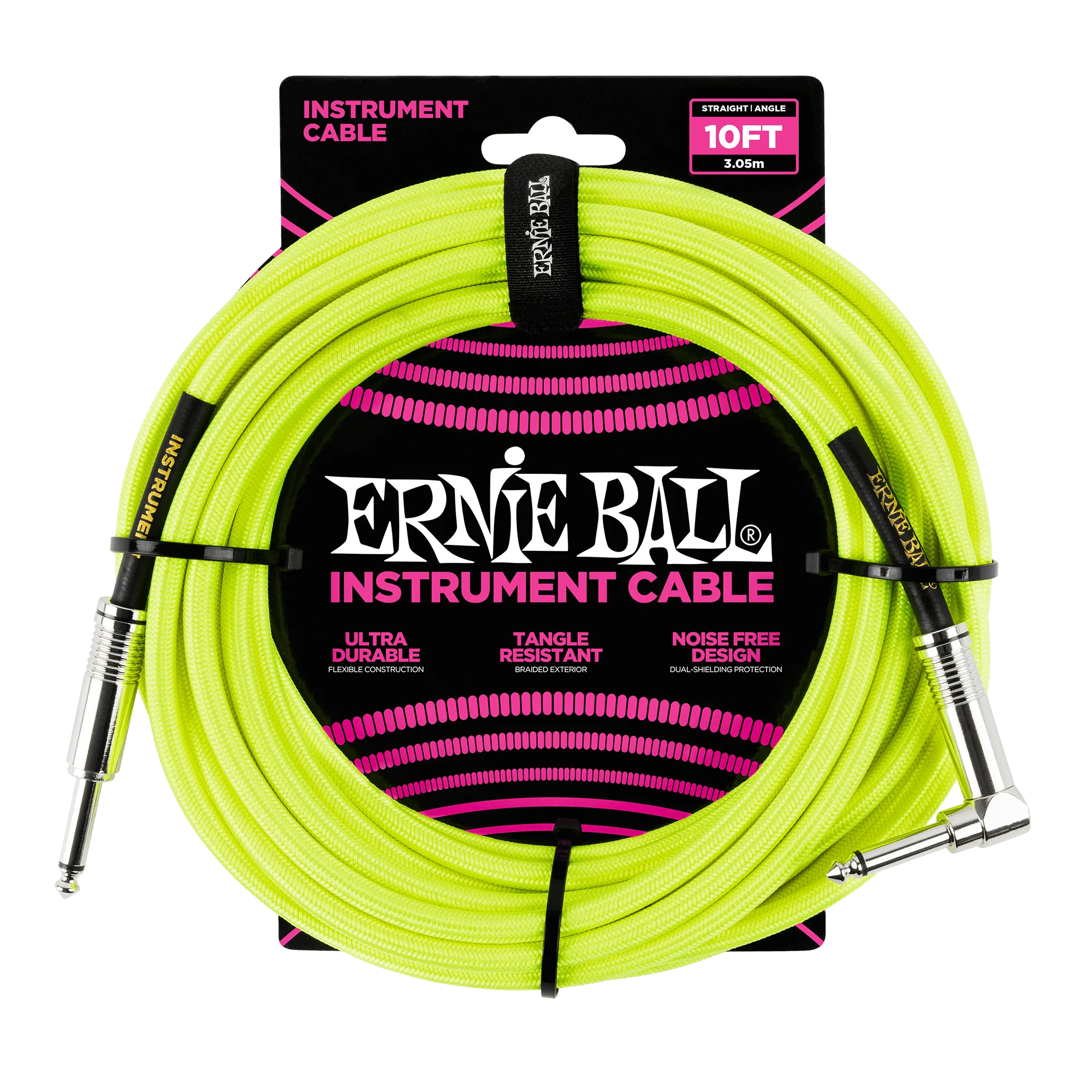 Ernie Ball 10ft / 3m Neon Yellow Braided Right Angle - Straight Jack Cable