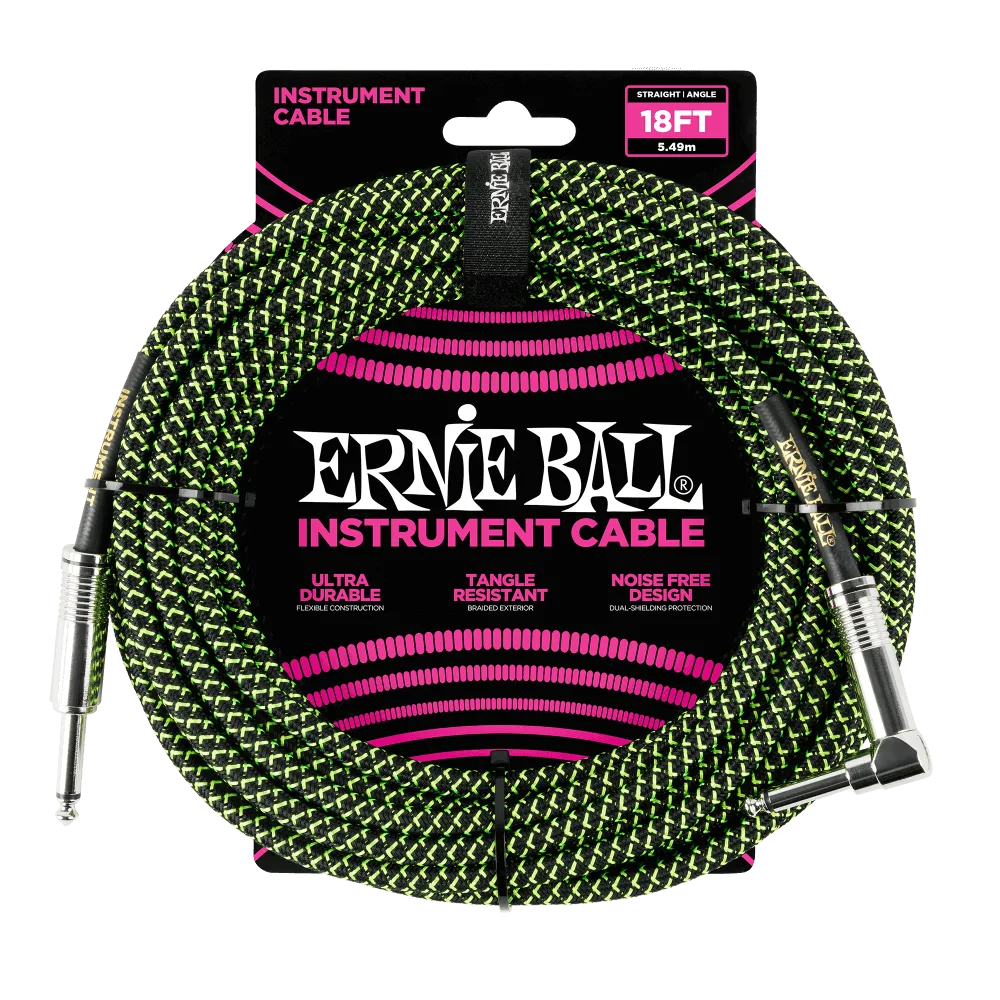 ERNIE BALL 18' BRAIDED STRAIGHT / ANGLE INSTRUMENT CABLE - BLACK / GREEN P06082