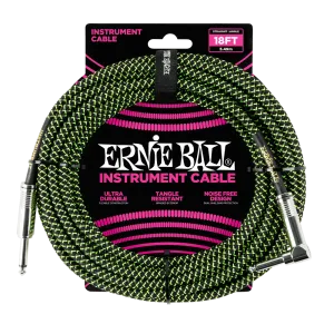 ERNIE BALL 18' BRAIDED STRAIGHT / ANGLE INSTRUMENT CABLE - BLACK / GREEN P06082