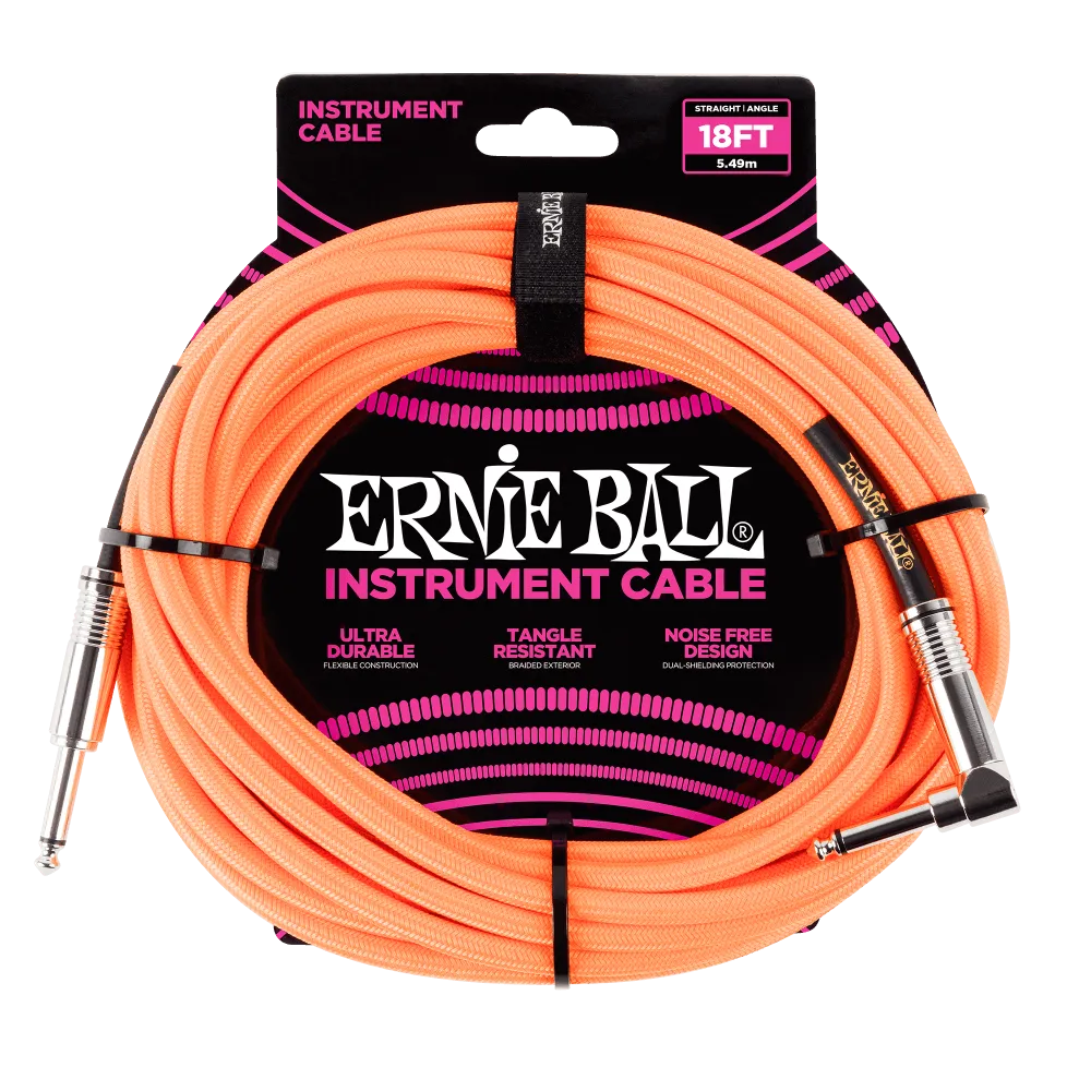 ERNIE BALL 18' BRAIDED STRAIGHT / ANGLE INSTRUMENT CABLE - NEON ORANGE P06084