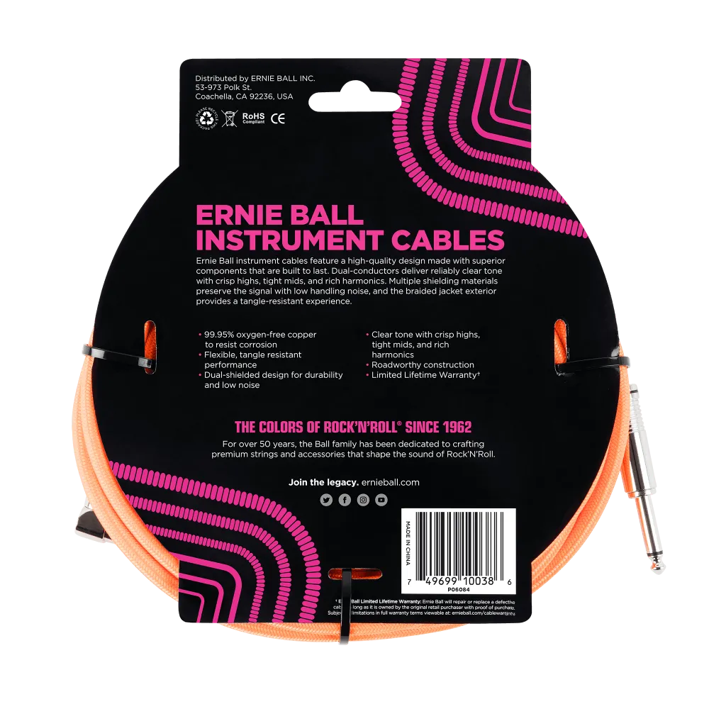 ERNIE BALL 18' BRAIDED STRAIGHT / ANGLE INSTRUMENT CABLE - NEON ORANGE P06084