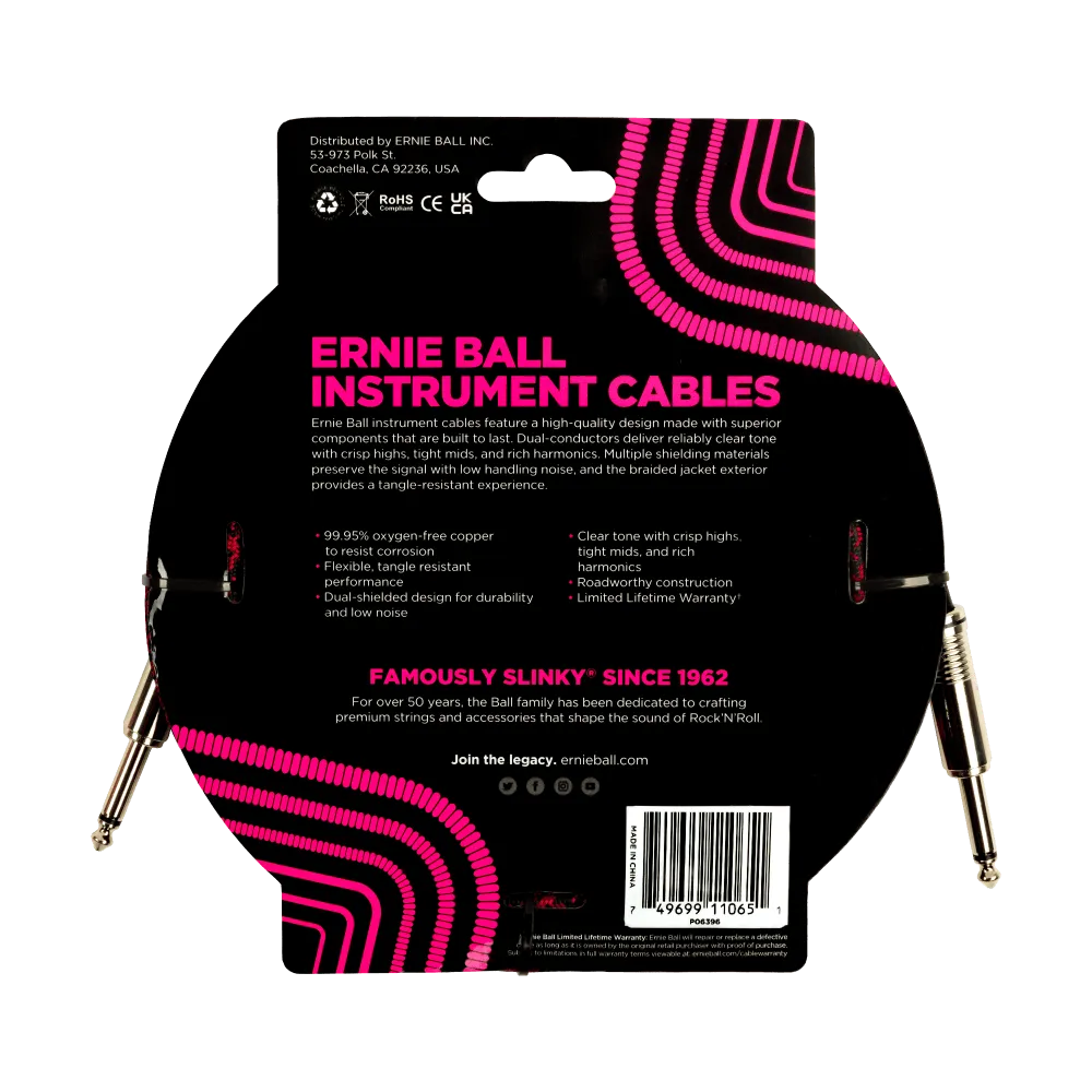 Ernie Ball 18ft Braided Straight Straight Inst Cable Red Black