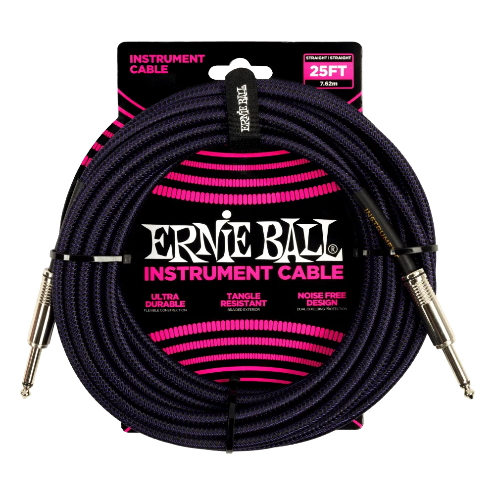 Ernie Ball 25ft Braided Straight Straight Inst Cable Purple Black