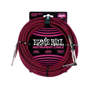 Ernie Ball 25FT Braided Straight to Angle Instrument Cable, Black/Red