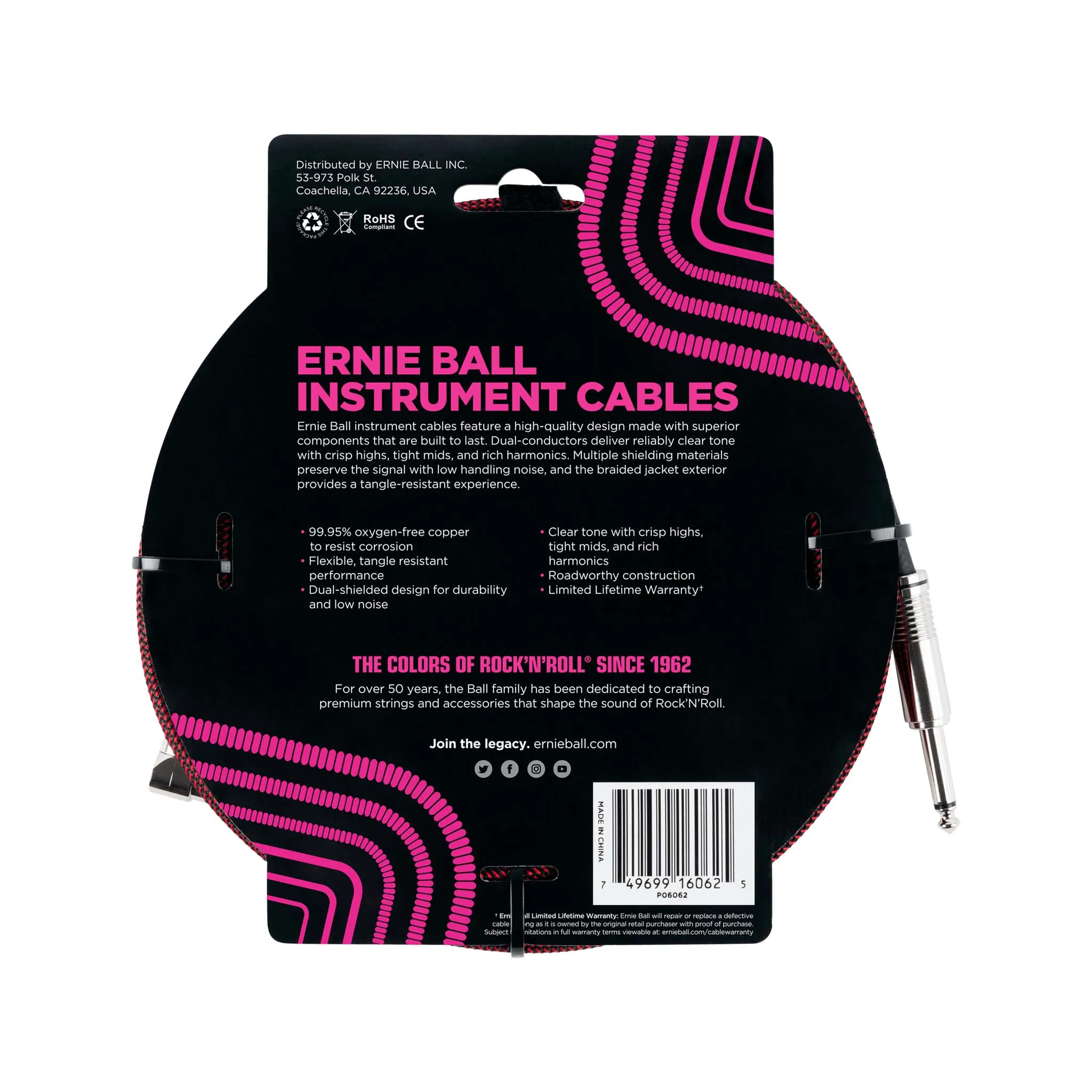 Ernie Ball 25FT Braided Straight to Angle Instrument Cable, Black/Red