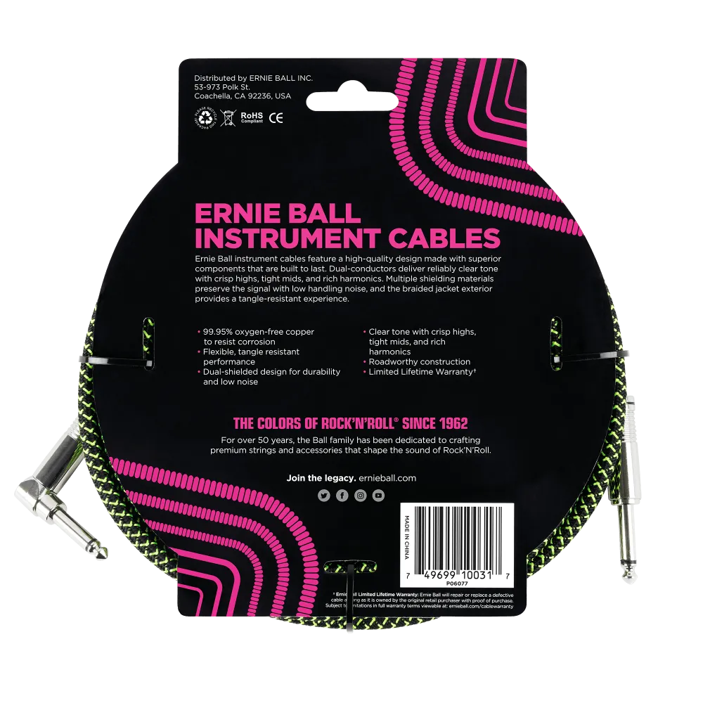 Ernie Ball 3 Meters Braided Straight / Angle Inst Cable, Black/Green