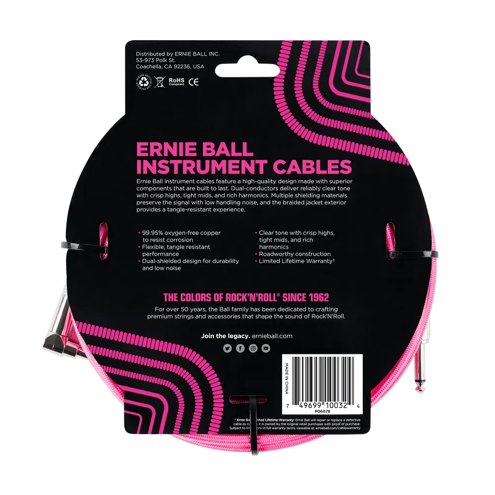 Ernie Ball 3 Meters Braided Straight / Angle Instrument Cable, Neon Pink