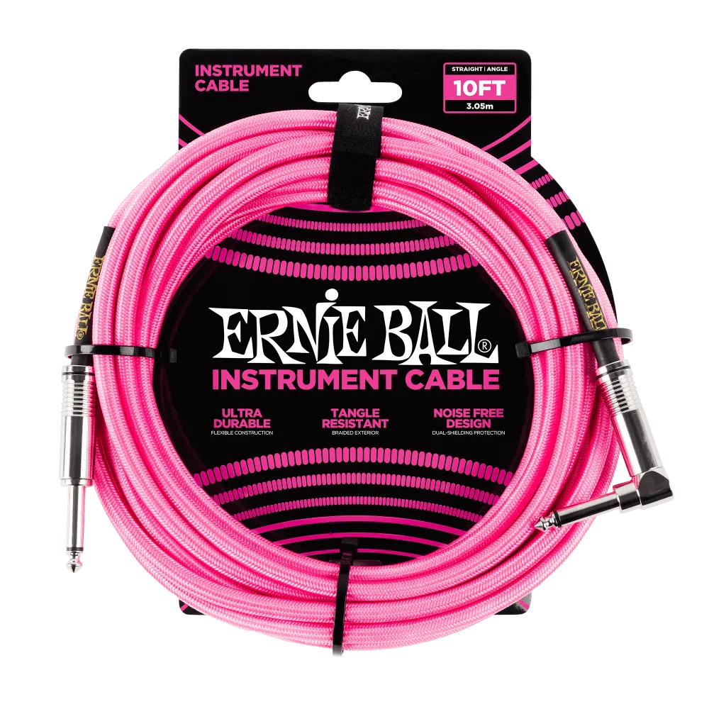 Ernie Ball 3 Meters Braided Straight / Angle Instrument Cable, Neon Pink