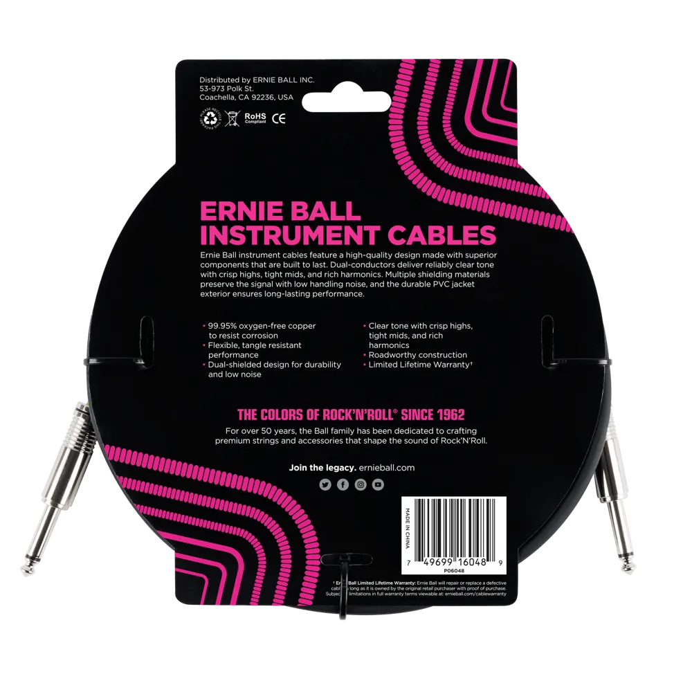 Ernie Ball 3 Meters Straight / Straight Instrument Cable, Black