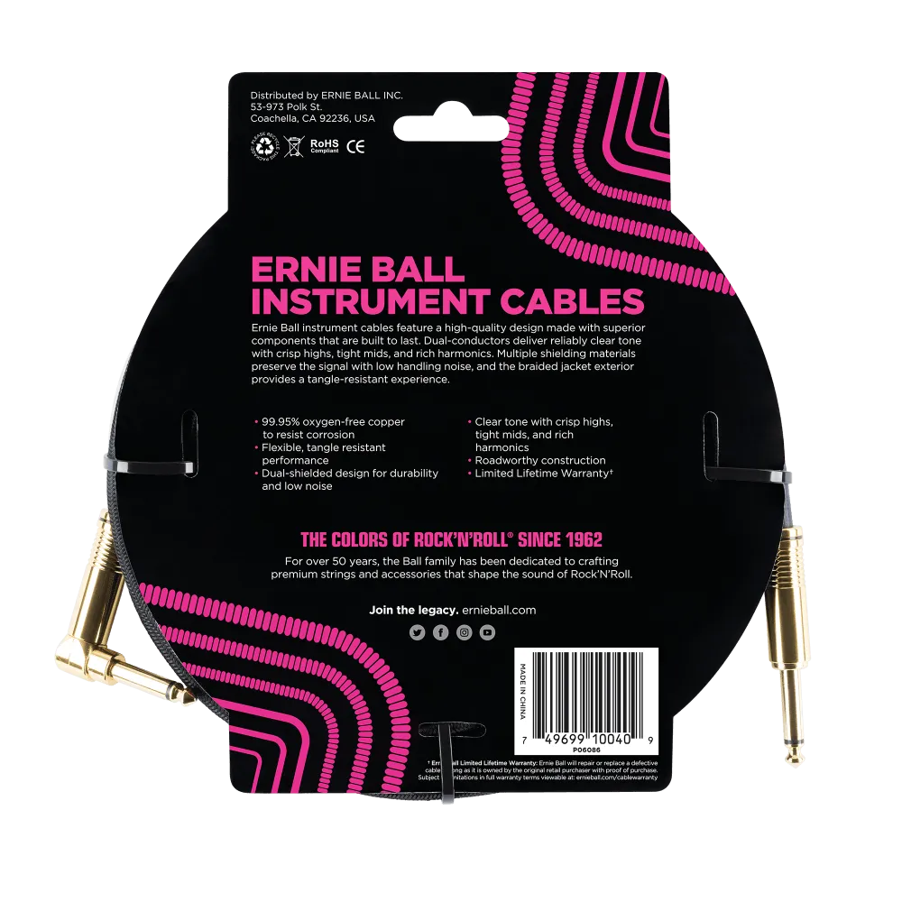 Ernie Ball 5.5 Meters Braided Straight / Angle Inst Cable, Black