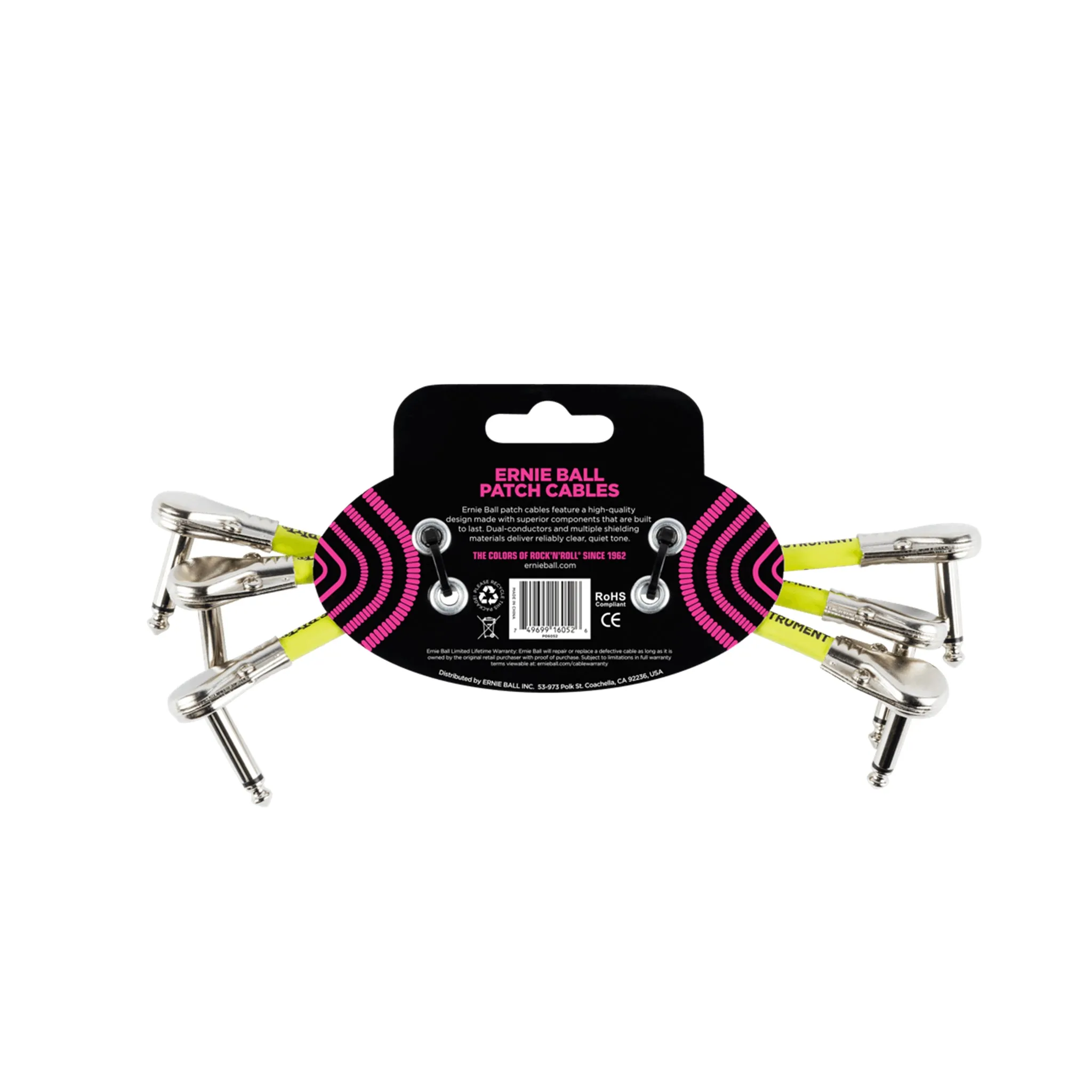 Ernie Ball 6' Flat Angle to Flat Angle Patch Cable, 3-Pack, White