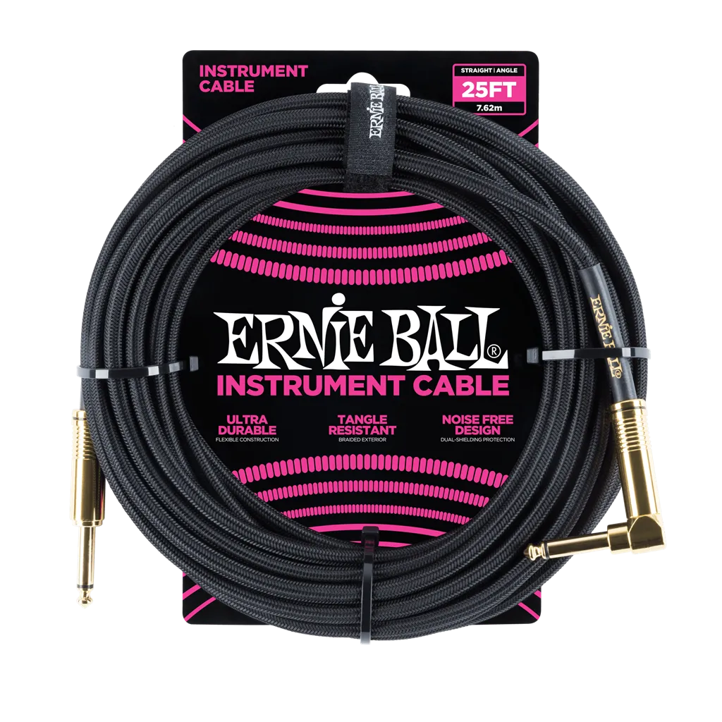 Ernie Ball Braided Instrument Cable - 25ft Black Straight to Angled