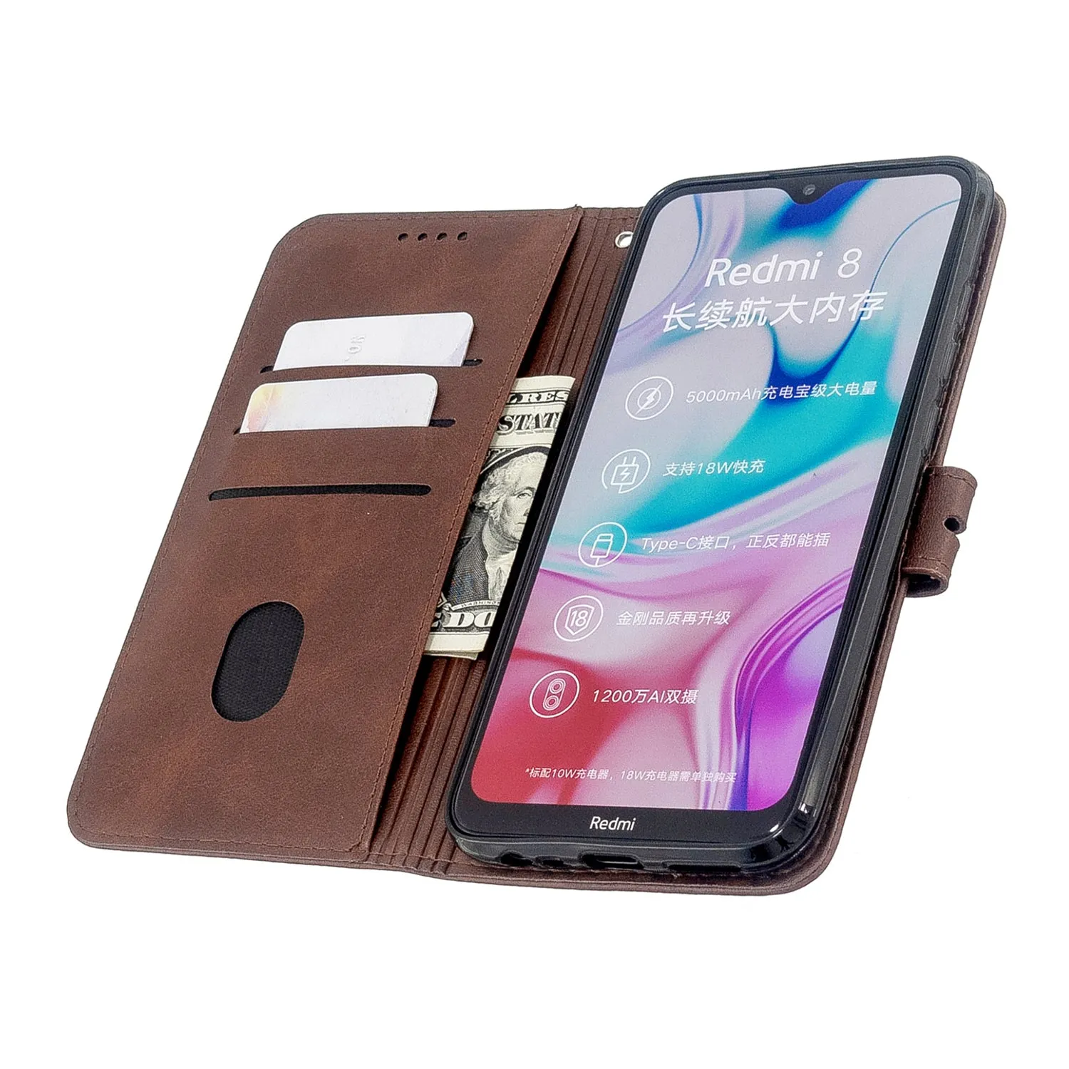 For Redmi Note 8T/Redmi 8/Redmi 8A Case Soft Leather Cover with Denim Texture Precise Cutouts Wallet Design Buckle Closure Smartphone Shell  brown