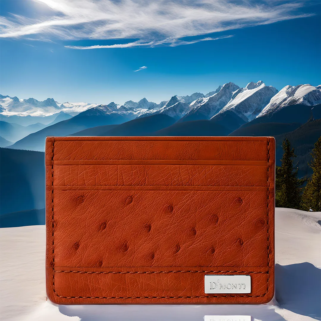 Gold Brown- Men Exotic Ostrich Leather Card Holder Slim Wallet