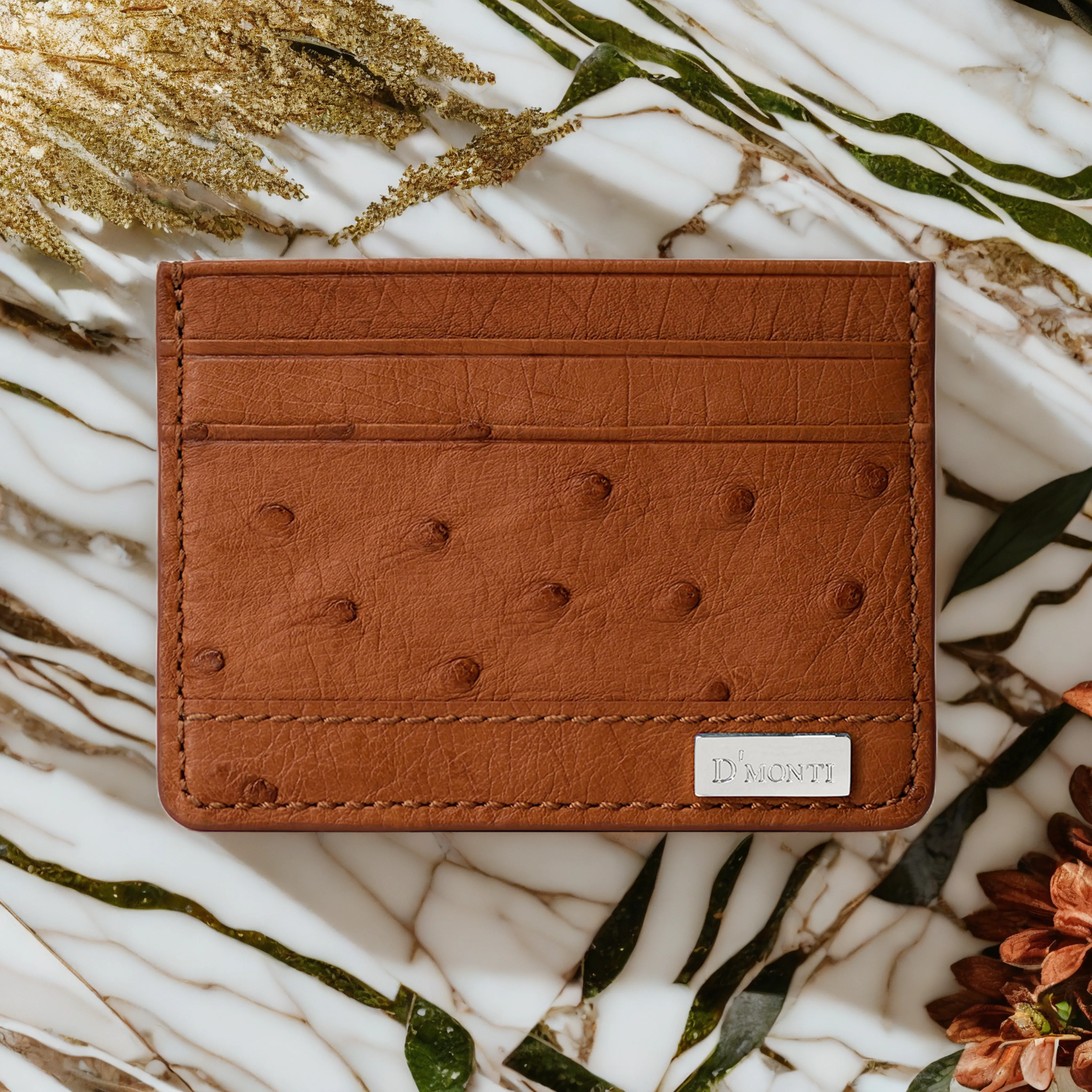 Gold Brown- Women Exotic Ostrich Leather Card Holder Slim Wallet