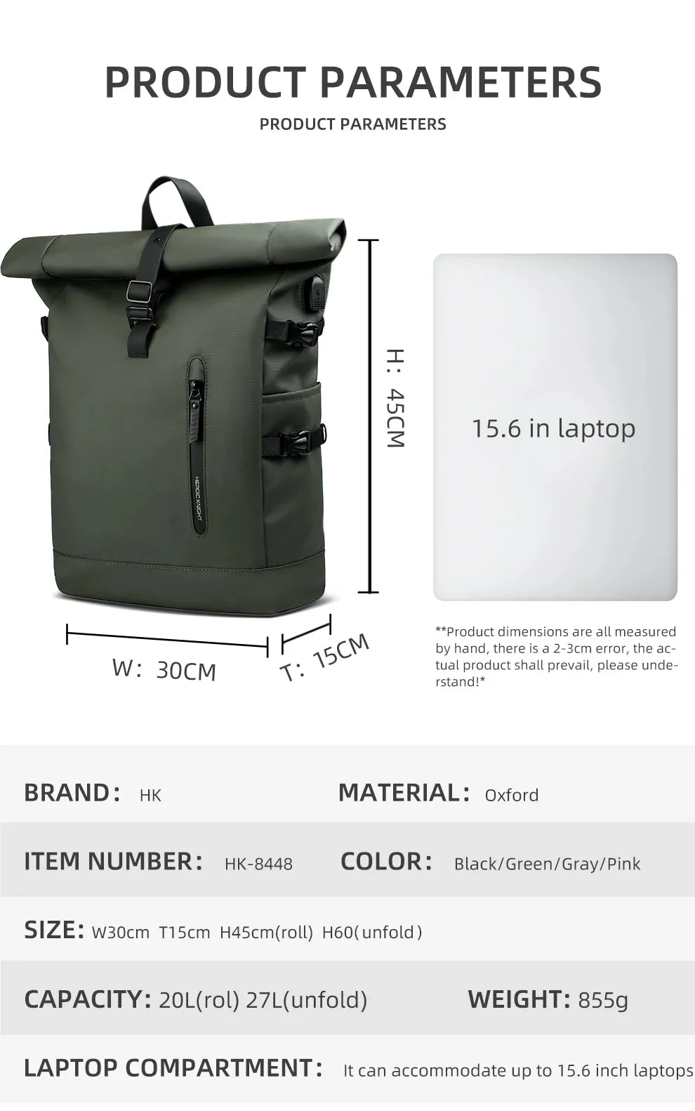 HEROIC KNIGHT 8448 Expandable Laptop Bag & Business Backpack with USB Charger