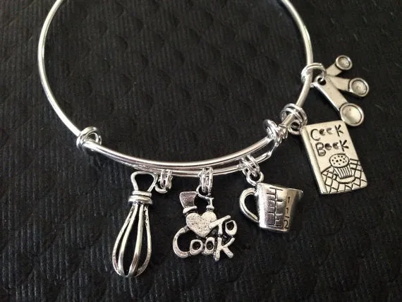I Love to Cook Silver Bangle Bracelet Adjustable Expandable Chef Gift Cookbook Kitchen Equipment