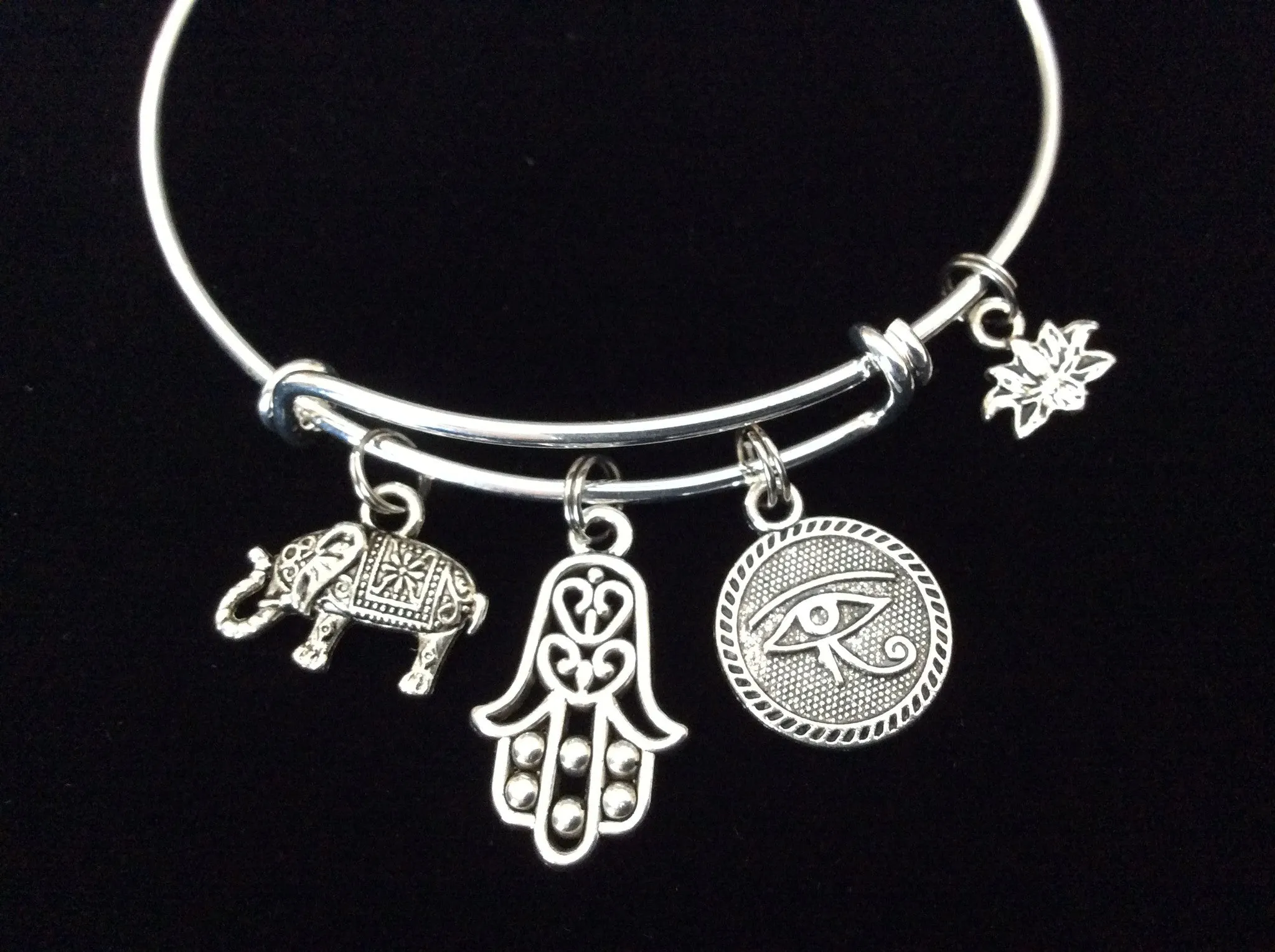 Luck, Protection, New Beginnings, Enlightenment Yoga Inspired Charms on a Silver Adjustable Bangle Charm Bracelet Expandable