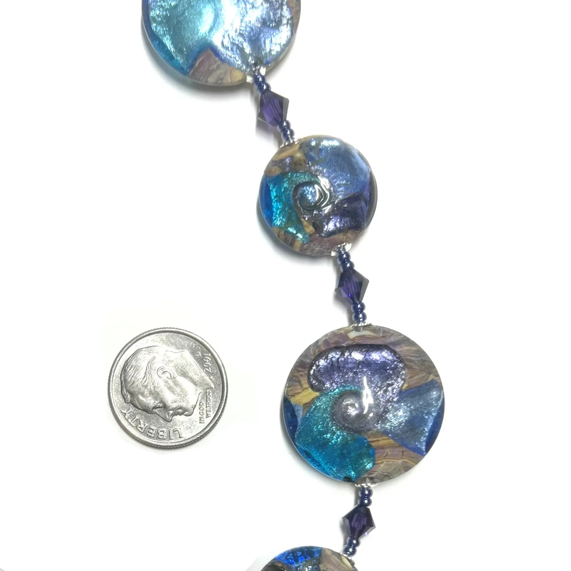 Murano Glass Aqua Cyclone Disc Sterling Silver Necklace