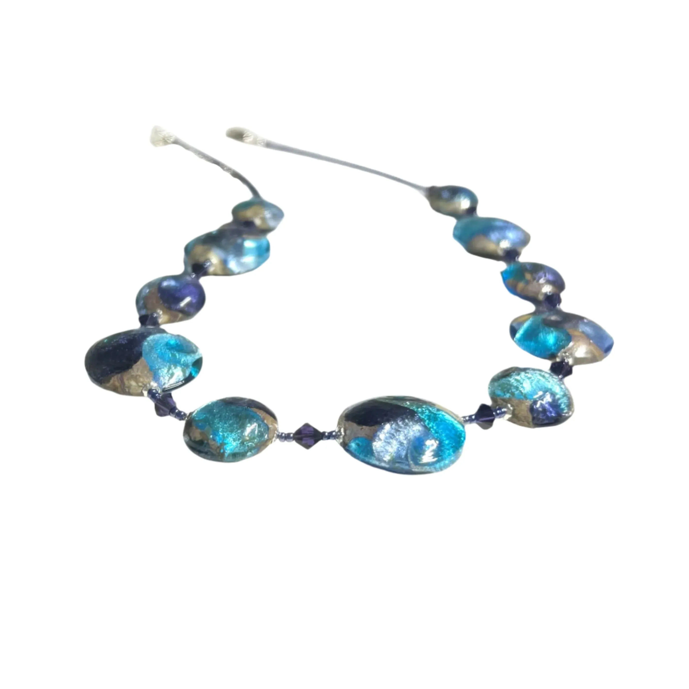 Murano Glass Aqua Cyclone Disc Sterling Silver Necklace