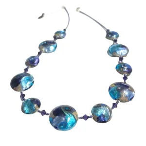 Murano Glass Aqua Cyclone Disc Sterling Silver Necklace