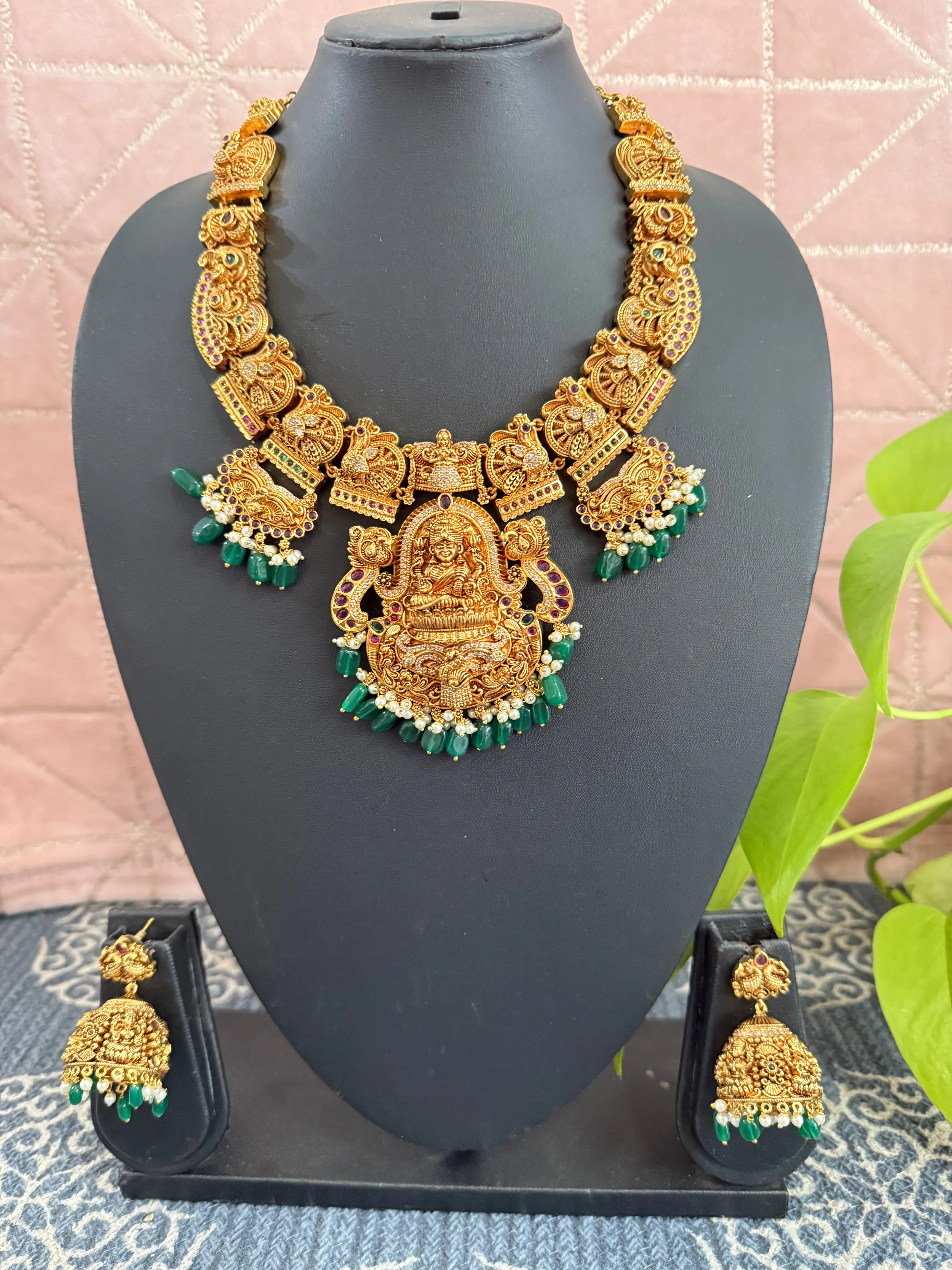 One Gram Gold Deep Nakshi Lakshmi Short Necklace Set