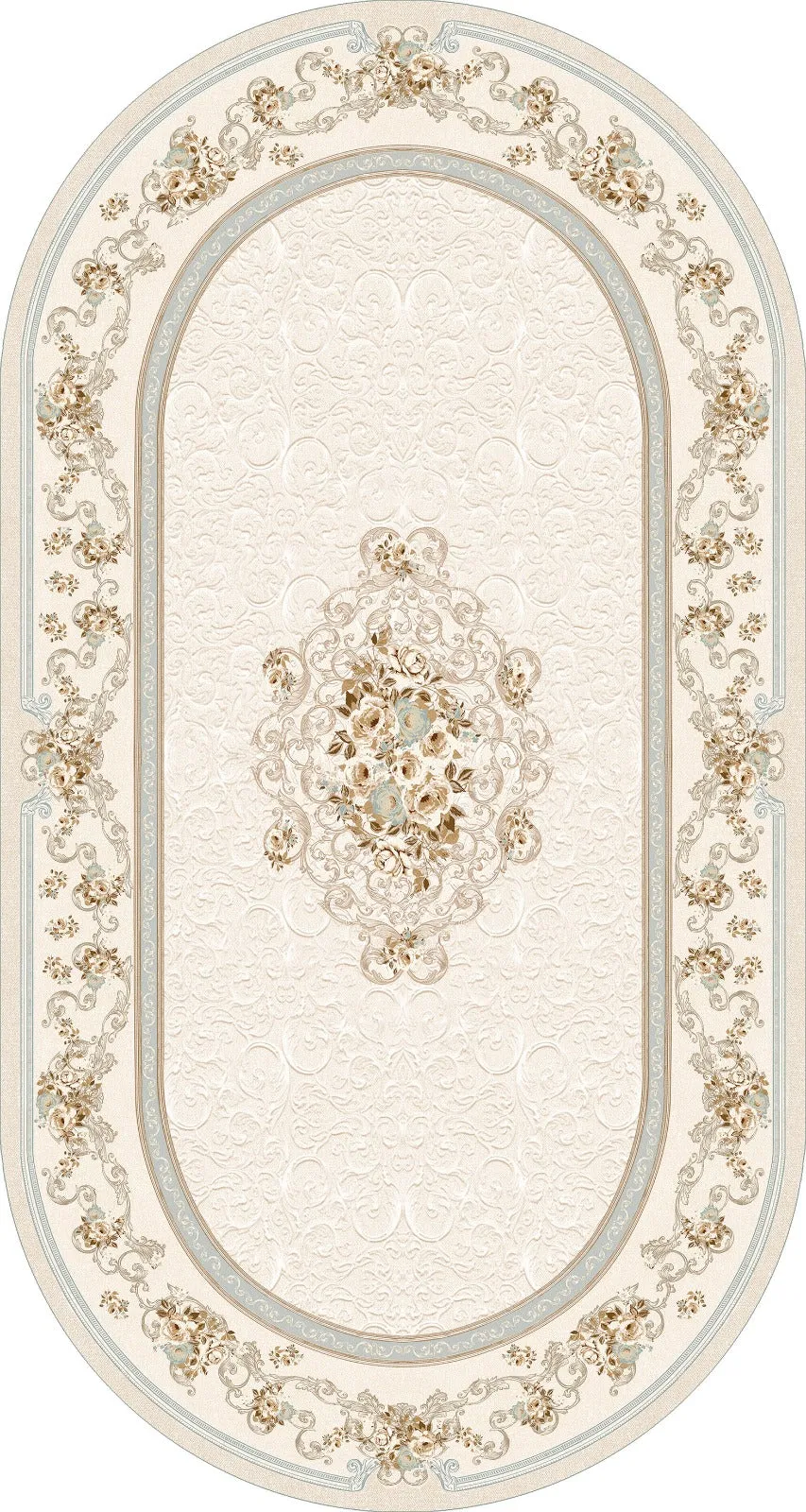 Oval Blue Design Lateks Water Resistant Washable Tassel Area Rug